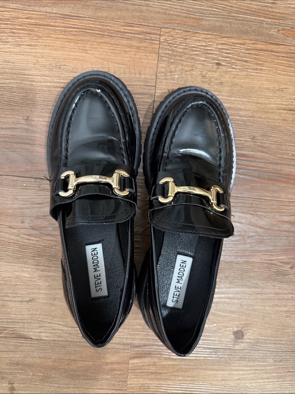 Steve Madden Black Patent Loafers with Gold Bit Detail. Worn once.